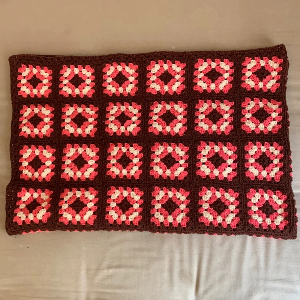 Handmade Granny Square Crochet Throw Blanket Afghan Brown Pink 63x42 Retro Boho